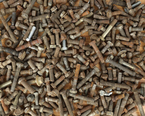 Many rusty elements. Old rusty bolt. Dirty metal bolts are scattered on the table. Old spare parts warehouse