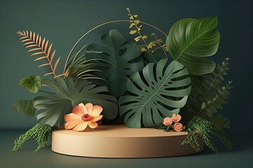 Mock up for product presentation promotion. Podiums with still life composition. Monstera and tropical leaves. 