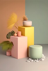 Mock up for product presentation promotion. Podiums with still life composition. Pastel colors. 