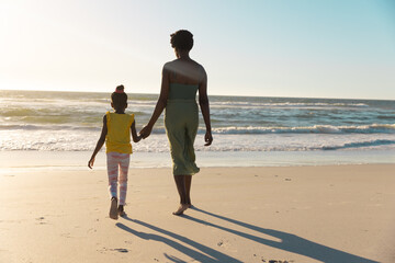 Naklejka premium Rear view of african american mother and daughter holding hands and walking towards sea under sky