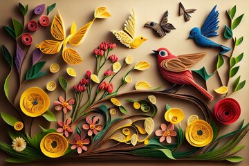 floral background with birds and butterflies - paper quilling concept