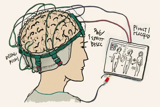 Person holding an eeg sensor measuring brain activity, concept of Brainwave activity and Electroencephalography, created with Generative AI technology