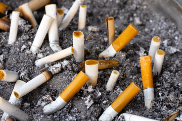 Cigarettes and ash on dirty sand in trash tray