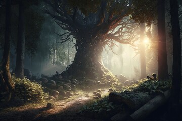 Beautiful forest fantasy landscape. A dense forest, the sun's rays make their way through the trees. AI