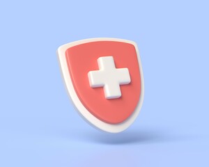 Fototapeta premium 3d medical shield icon in cartoon style. health insurance concept. Illustration isolated on a blue background. 3d rendering