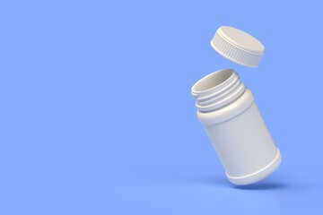 3d plastic bottle for pills in cartoon style. illustration isolated on blue background. concept of medicine and healthcare.free space for text. 3D rendering