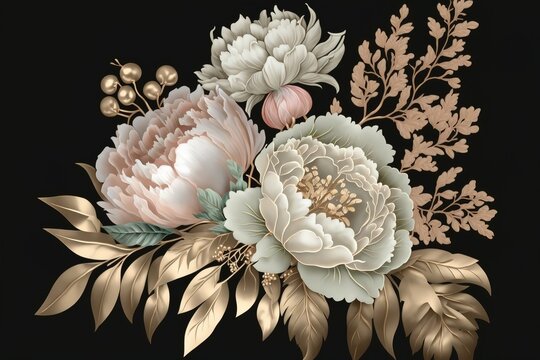 Bouquet of delicate peonies on a dark background. AI