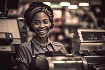 Smiling supermarket cashier attending customer. Generative AI