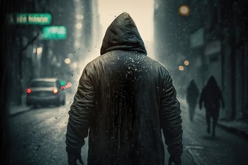 Man walking down the street in a hooded jacket. AI