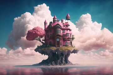 Fototapeta na wymiar Magic castle in the blue sky with fluffy clouds. AI