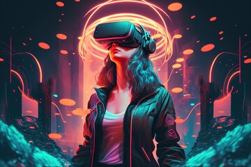 Girl in virtual reality headset at home. Games and entertainment of the metaverse. AI