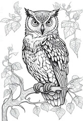 Beautiful owl outline illustration for coloring book page. Coloring page for kids and adults. Generative AI