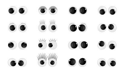 A set of plastic toy eyes. Glossy, bulging, puppet eyes.
Cute, round, vector, isolated elements. Look down, up, left, right. Different, shaking, silly, hilarious pairs of eyeballs. Vector illustration - obrazy, fototapety, plakaty