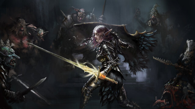 A beautiful dark elf in heavy black armor with a magic sword and shield fights off goblins and ogres. Digital drawing style, 2D illustration.
