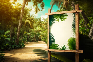 A empty signboard mockup in tropical background. Generative AI