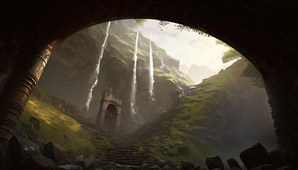 waterfall, an ancient cave in ruins with an open roof that lets in sunlight. a staircase between columns skirting the cave to the ceiling. Fantasy