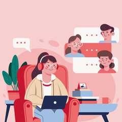 Vector of a business woman holding a video conference at home, in a soft chair with a cup of tea, using a computer to work on the net. Character on pink background
