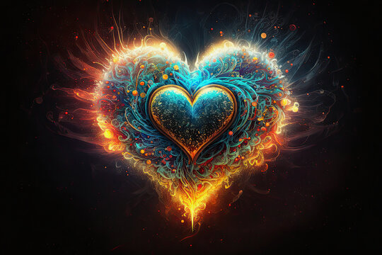 fantasy illustration of a blue heart in fire