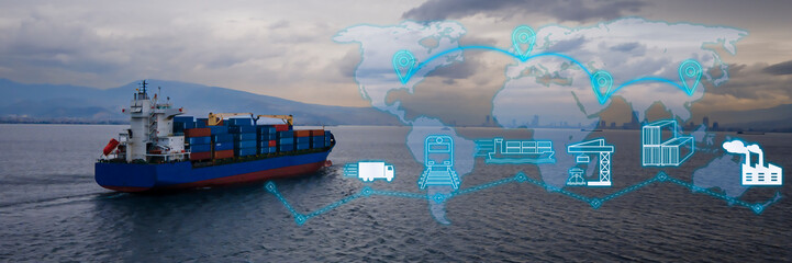 Container cargo ship in import export business logistic on digital world map with cyber icons