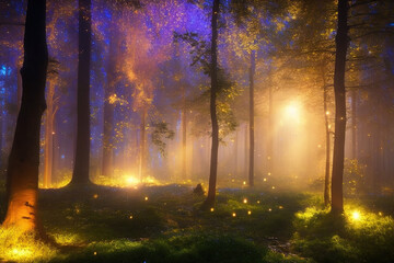 A Beautiful Lush Forest Glowing with Magic Mana at Night Generative AI Art Illustration