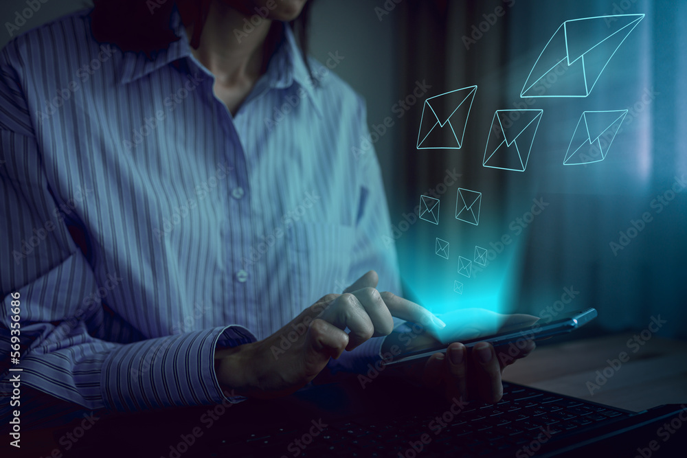 Poster outbox send electronic message or email. woman touch on email in virtual screen. internet technology