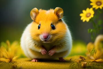 Tiny Adorable Yellow Hamster Outdoors in the Spring Nature Generative AI Art Illustration
