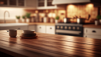Fototapeta na wymiar Brown wooden table top and blurred kitchen background from interior building - ready for display or montage your products Generative AI