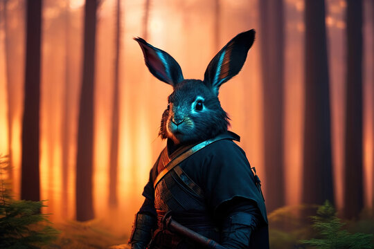 A Sunset Portrait of an Ashigaru Bunny In Armor Roaming the Forest Generative AI Art Illustration