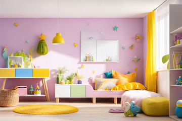 Pink Children's Room with a Scandinavian Vibe and Wooden Decorations Generative AI Photo