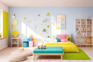 Joyful and Contemporary Children's Room with Wooden Accents and Lots of Toys Generative AI Photo