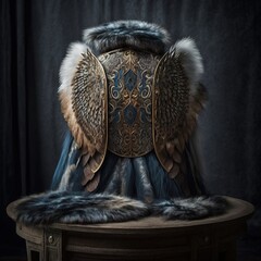 Naklejka premium Winged armor, breastplate, viking style, fur and feathers, productphotography, generative ai
