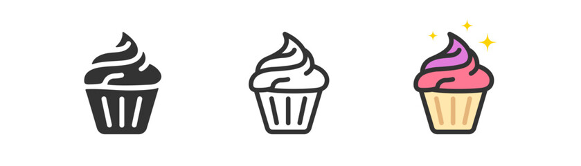 Cupcake icon on light background. Dessert, chocolate, creamy muffin symbol. Birthday, event, sweets, cherry, glaze, pastry signs. Outline, flat, and colored style. Flat design. Vector illustration.