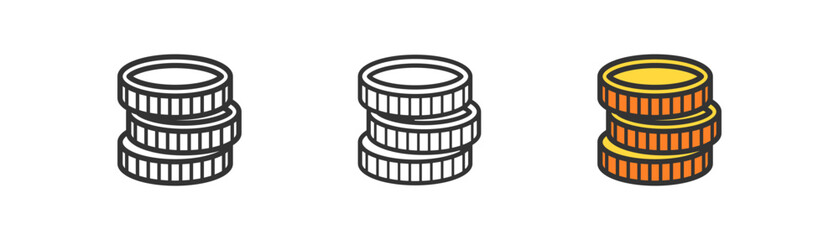 Coin stack icon on light background. Money savings symbol. Dollar increase, investment, golden coins pile. Outline, flat, and colored style. Flat design. Vector illustration.