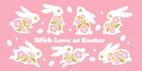 Easter greeting card with cute bunnies and spring flowers. Elegant vector illustration of white rabbits, floral branches and easter eggs on pink background