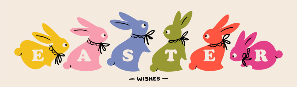 Easter banner with multicolored rabbits. Elegant vector illustration of lovely bunnies with bows. Playful design for seasonal poster or greeting card