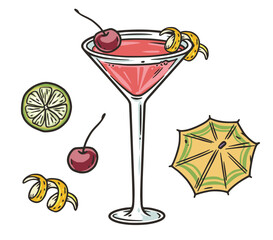 Cosmopolitan cocktail with lime and cherry for summer party. Ping alcochol cocktail for beash bar. Cosmo with vodka and cranbery for design of menu - obrazy, fototapety, plakaty