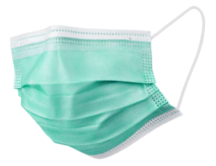 Green medical protective face or surgical earloop mask isolated on transparent background. Monkeypox outbreak prevention. Full Depth of Field.