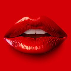 Glossy red lips on red background. Red sexy female lips, beautiful lips, beauty, red lipstick. Copy space. AI. Vector illustration. - obrazy, fototapety, plakaty