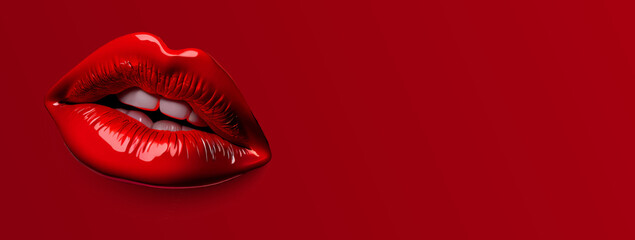 Glossy red lips on red background. Red sexy female lips, beautiful lips, beauty, red lipstick. Copy space. Vector illustration. Generative AI - obrazy, fototapety, plakaty