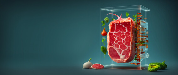 Lab grown cultured meat concept for artificial. Electronically grown meat. Artificially grown meat. Space for text, message, advertisement. Generative AI