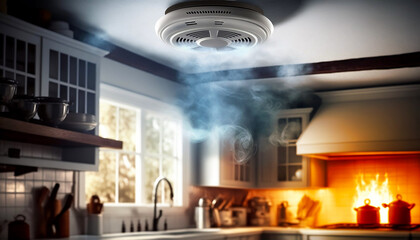 Fire alarm and smoke detector on the ceiling in the smoke, connected and in use. Generative AI - obrazy, fototapety, plakaty