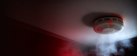 Fire alarm and smoke detector on the ceiling in the smoke, connected and in use. Space for text, message, advertisement. Generative AI - obrazy, fototapety, plakaty