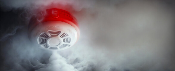 Smoke detector mounted on roof in apartment. Space for text, message, advertisement. Generative AI
