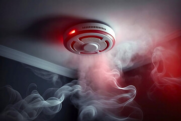 Fire alarm and smoke detector on the ceiling in the smoke, connected and in use. Generative AI
