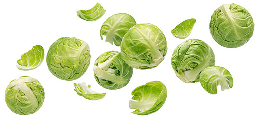 Falling brussels sprouts isolated on white background