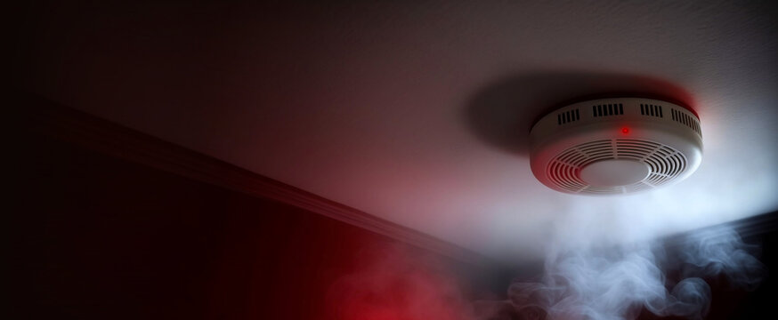 Fire alarm and smoke detector on the ceiling in the smoke, connected and in use. Space for text, message, advertisement. Generative AI