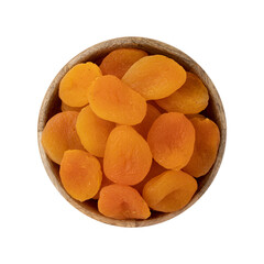 dried apricots in wooden bowl isolated on white background, top view, flat lay, concept of healthy breakfast