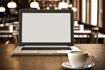 Laptop showing blank empty white mockup screen in coffee shop restaurant. Generative AI