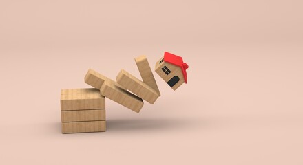 wooden blocks falling and collapsing a house, difficulty to acquire the own house (3d illustration)