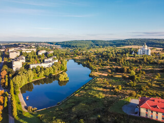 Fototapeta na wymiar Aerial vIew of city Novyy Rozdil by drone. Summer Ukraine Lviv region, West Ukraine.Lake.